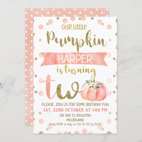 Girls Pink Pumpkin Second Birthday Invitation