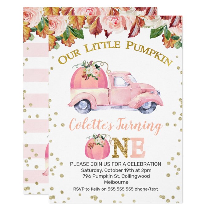 Girls Pink Pumpkin Truck 1st Birthday Invitation
