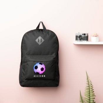 Girls Pink Purple Soccer Sport Personalized Port Authority® Backpack by JennLenayDesigns at Zazzle