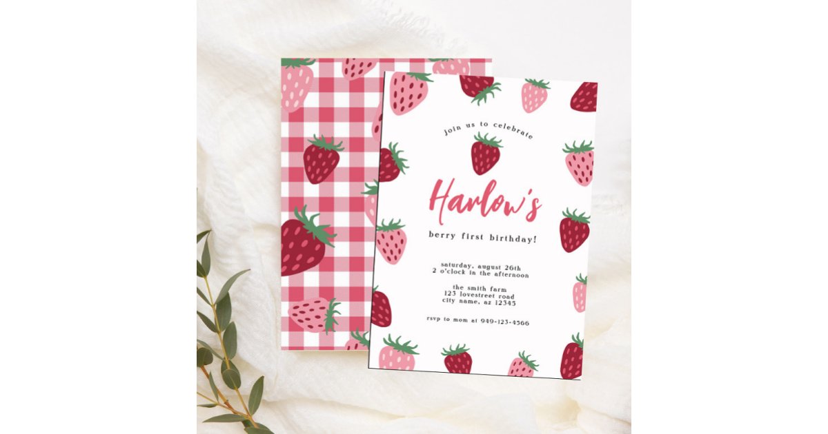 Girl's Pink & Red Strawberry Berry first Birthday Invitation | Zazzle