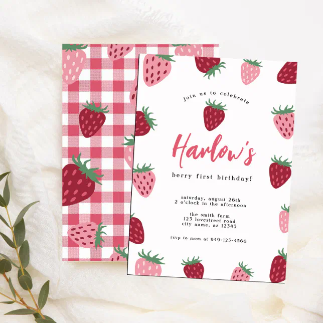 Girl's Pink & Red Strawberry Berry first Birthday Invitation | Zazzle