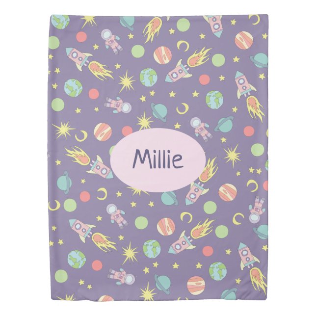 Girl's Pink Rocket Ship Space and Name Kids Duvet Cover (Front)