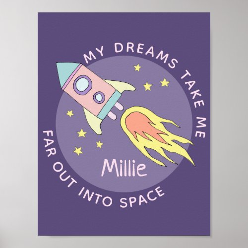 Girls Pink Rocket Ship Space and Name Kids Poster