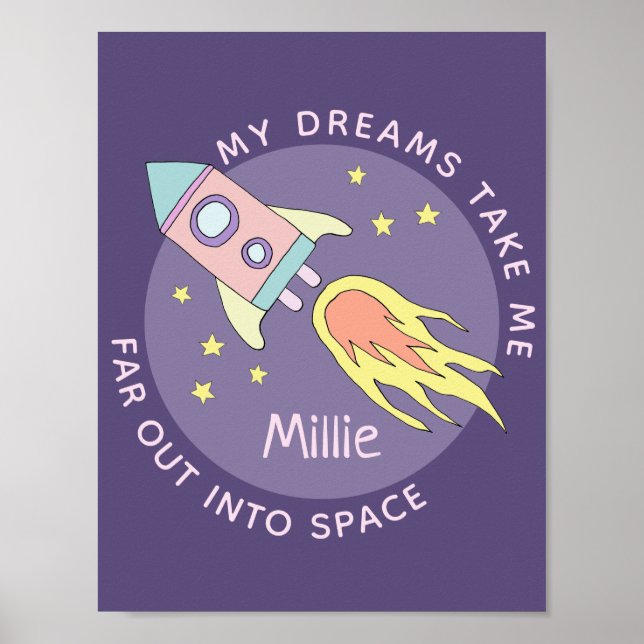 Girl's Pink Rocket Ship Space and Name Kids Poster (Front)