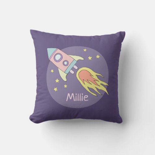 Girls Pink Rocket Ship Space and Name Kids Throw Pillow