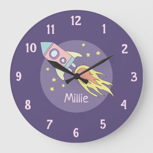 Girls Pink Rocket Ship Space and Name Nursery Large Clock