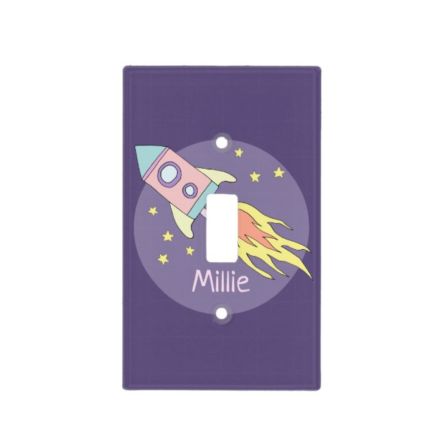 Girl's Pink Rocket Ship Space and Name Nursery Light Switch Cover (Front)