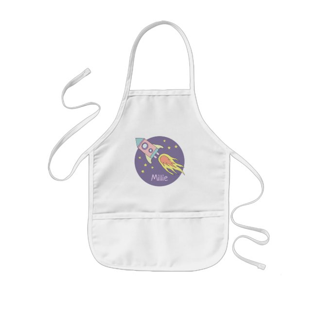 Girl's Pink Rocket Ship Space Galaxy and Name Kids' Apron (Front)