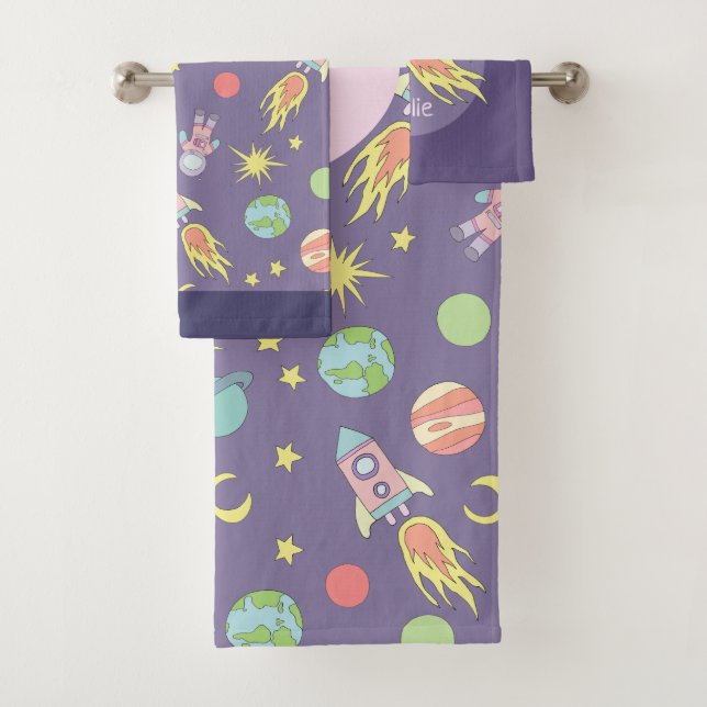 Girl's Pink Rocket Ship Space Pattern and Name Bath Towel Set (Insitu)