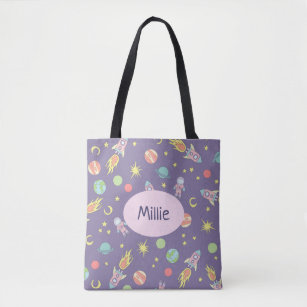 Girl's Pink Rocket Ship Space Pattern and Name Tote Bag