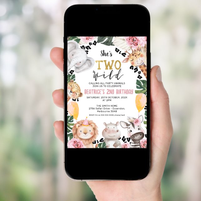 Girls Pink Rose Two Wild Safari 2nd Birthday  Invitation (Front Digital)