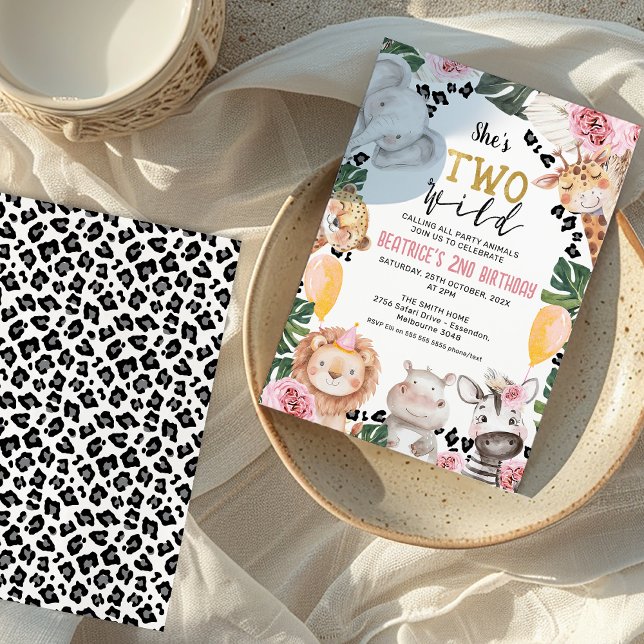 Girls Pink Rose Two Wild Safari 2nd Birthday  Invitation (Girls Safari Two Wild 2nd Birthday Invitation, Safari themed 2nd Birthday Invitation Girl, Cheetah )