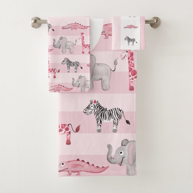 Girl's Pink Safari Animal Pattern & Name Kids Bath Towel Set (Insitu)