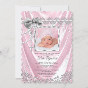 Girls Pink Satin Photo Baptism Christening Invitation