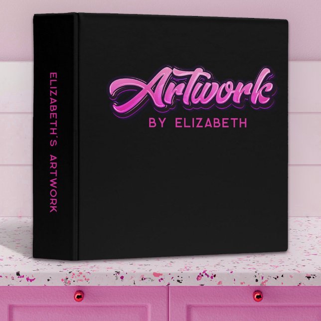 Girls Pink Script Artwork Keepsake 3 Ring Binder (Pretty pink and black artwork binder to store your girls sketches and drawings)
