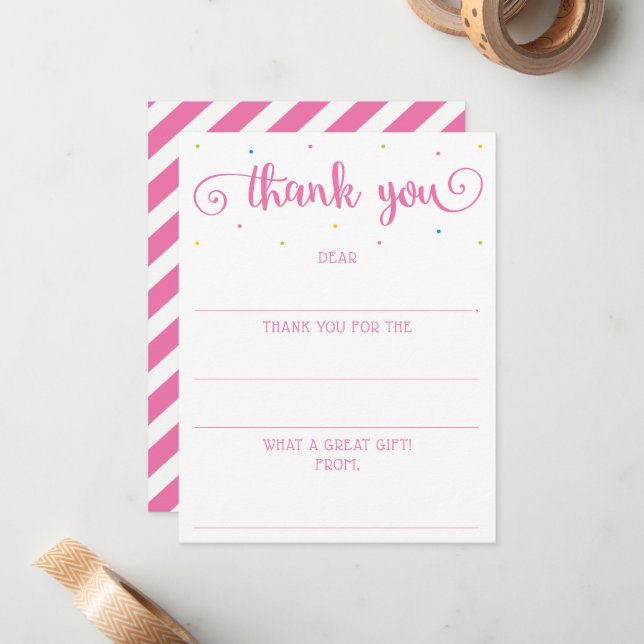 Girls Pink Script Fill In The Blank Thank You Note Card (Front/Back In Situ)