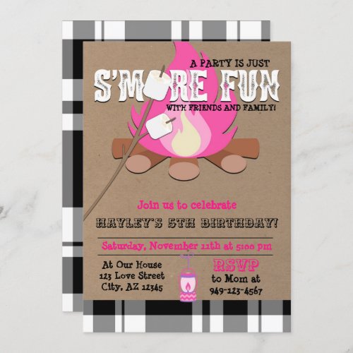 Girls Pink Smore fun with friends camp fire plaid Invitation