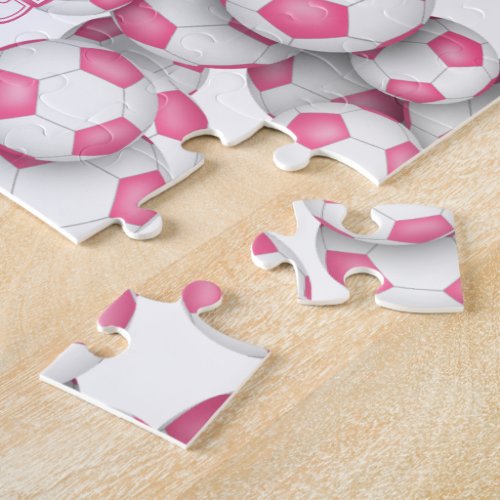 girls pink soccer custom name jigsaw puzzle