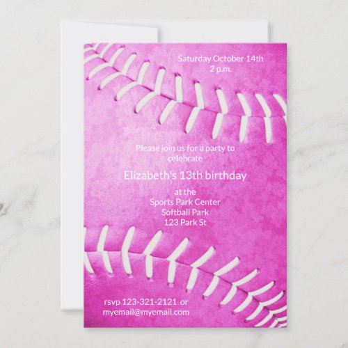 girls pink softball birthday or team party invitation