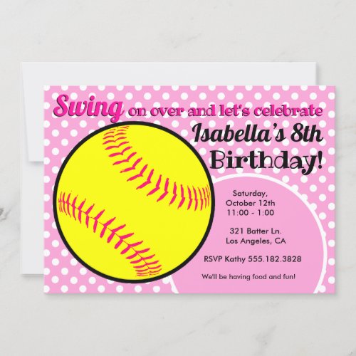 Girls Pink Softball Birthday Party Invitation