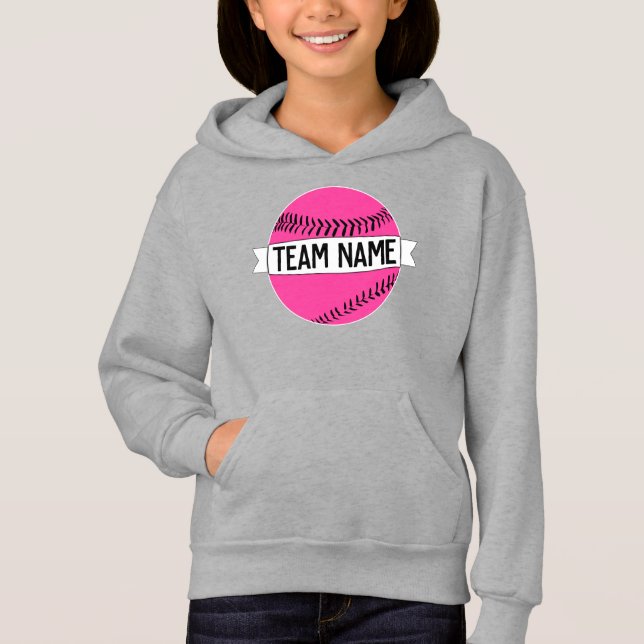 Girls Pink Softball Custom Team Name Fastpitch Hoodie (Front)