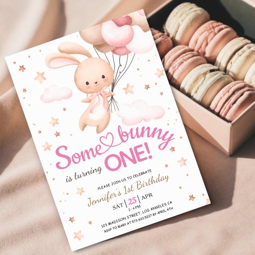 Girls Pink Some Bunny is ONE Bunny 1st Birthday Invitation