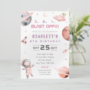 Girls Pink Space Astronaut Birthday Party Invite