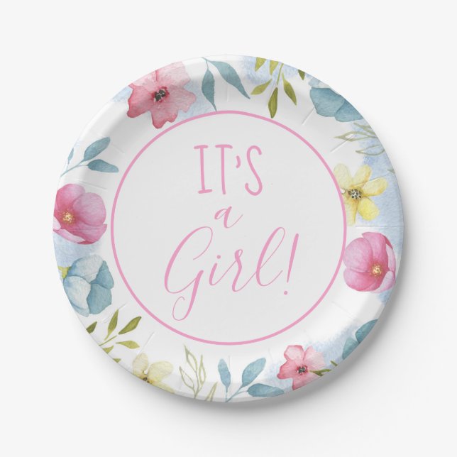 Girls Pink Spring Floral Baby Shower Paper Plates (Front)