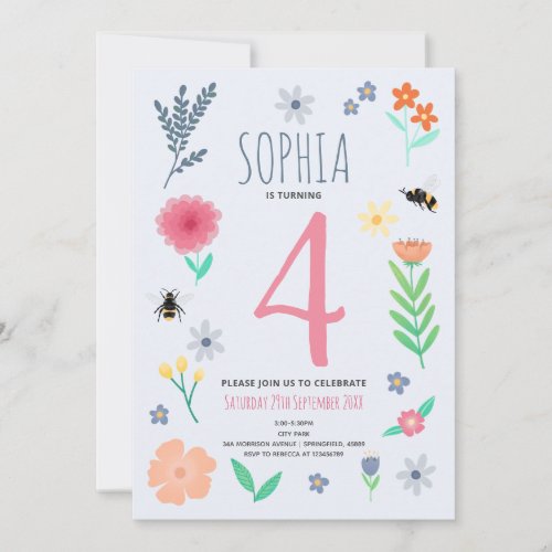 Girls Pink Spring Floral Bee Kids Birthday Invitation