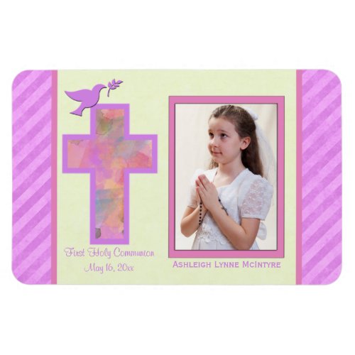 Girls Pink Striped 1st Holy Communion Photo Magnet