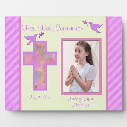 Girls Pink Striped First Holy Comunion Plaque