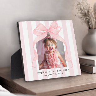 Girls Pink Stripes Birthday Photo with Bow Plaque