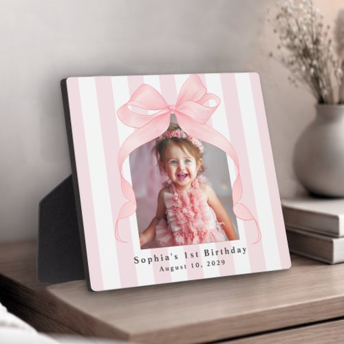 Girls Pink Stripes Birthday Photo with Bow Plaque
