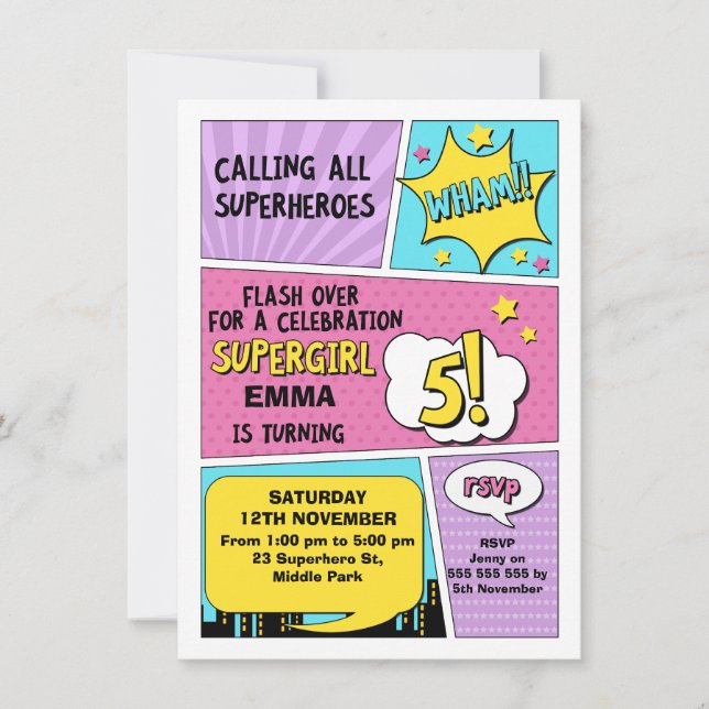 Girls Pink Superhero 5th Birthday Invitation (Front)