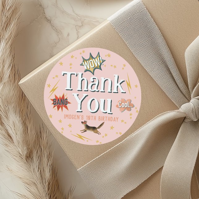 Girls Pink Superhero Kids Birthday Favor Classic Round Sticker (Creator Uploaded)