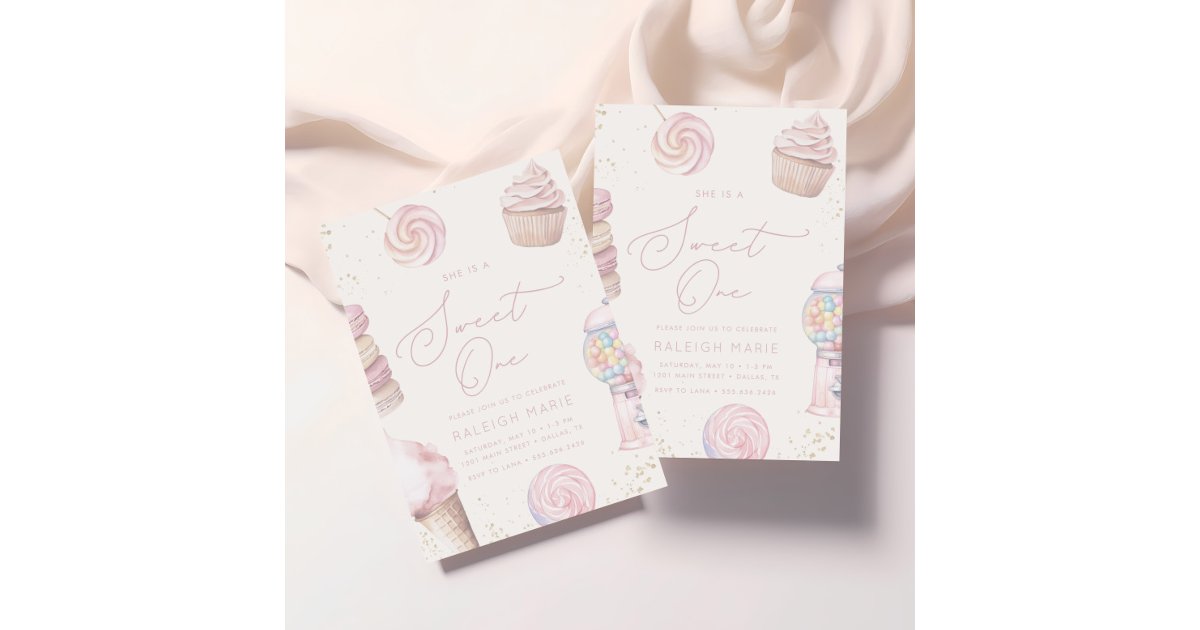 Girls' Pink Sweet One Candy Ice Cream 1st Birthday Invitation | Zazzle