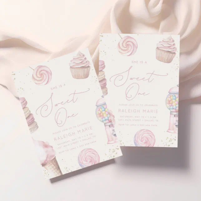 Girls' Pink Sweet One Candy Ice Cream 1st Birthday Invitation | Zazzle