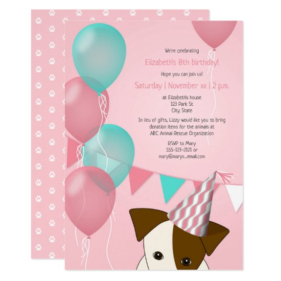 girls pink teal balloons puppy birthday party invitation