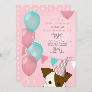 girls pink teal balloons puppy birthday party invitation
