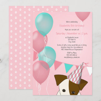 girls pink teal balloons puppy birthday party invitation