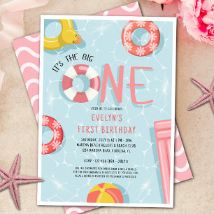 Girls Pink The Big One Beach Club 1st Birthday Invitation