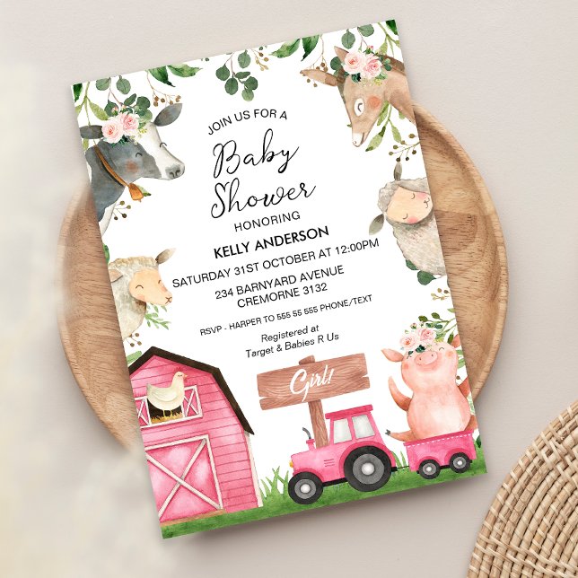 Girls Pink Tractor Barn Farm Baby Shower Invitation (Girls Farm Baby Shower Invitation Farmyard Barnyard Farm Animals Girls Baby Shower Invite Floral)