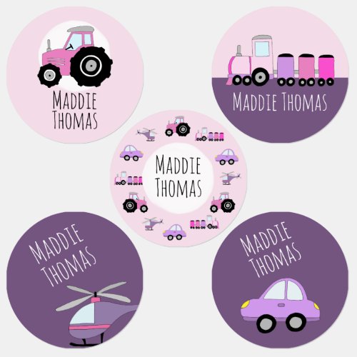 Girls Pink Tractor Car Train Cartoon and Name Kids Labels