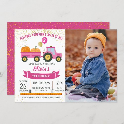 Girls Pink Tractor Pumpkin Fall Birthday Photo Invitation