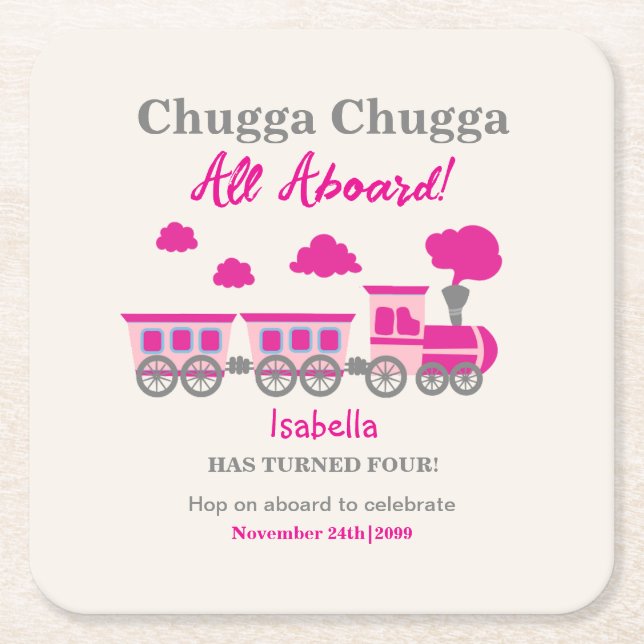 Girls Pink Train Any Age Birthday Party Square Paper Coaster (Front)