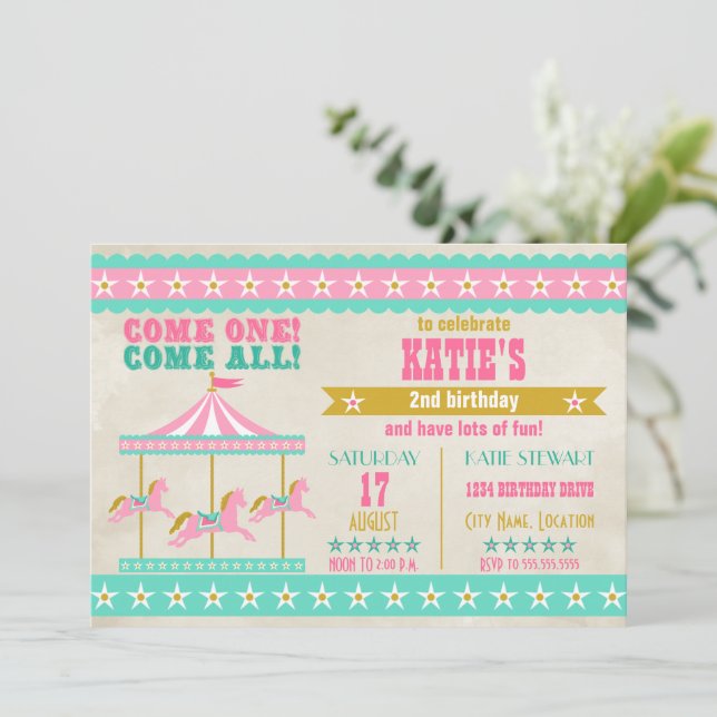 Girl's Pink Turquoise Gold Carousel Party Invitation (Standing Front)