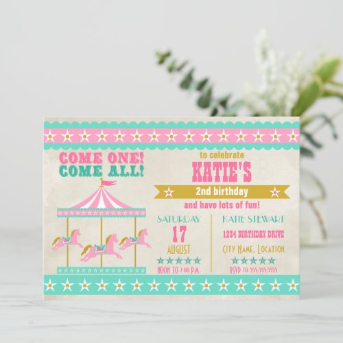 Girls Pink Turquoise Gold Carousel Party Invitation