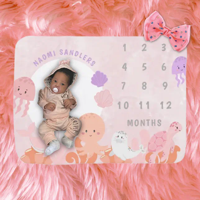 Girls Pink Under The Sea Monthly Milestone Baby Blanket | Zazzle