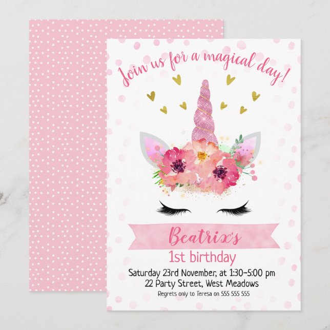 Girls Pink Unicorn Face Birthday Invitation (Front/Back)