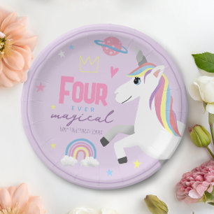 Girls Pink Unicorn Four Ever Magical 4th Birthday Paper Plates